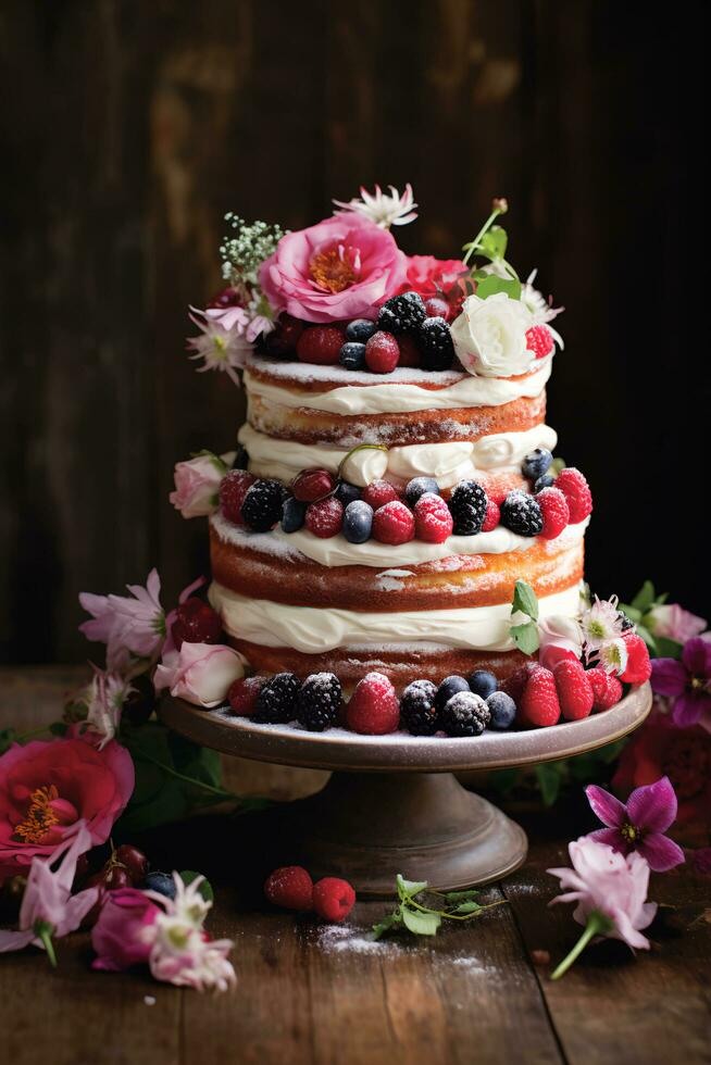 Beere Kompott nackt Kuchen. gesund Freude mit Vanille Schwamm und Reich Beeren - - ai generiert foto