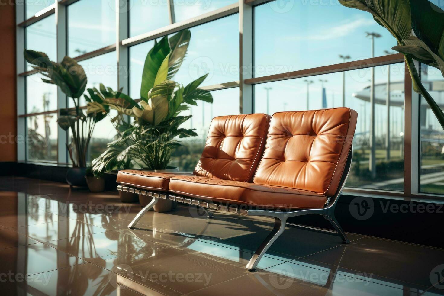 warten Zimmer beim das Flughafen mit das groß Fenster ai generiert foto