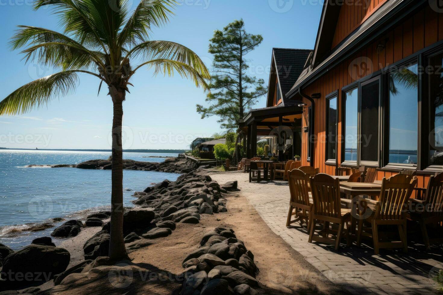 schön Strand Gasthaus sonnig Tag Aussicht ai generiert foto