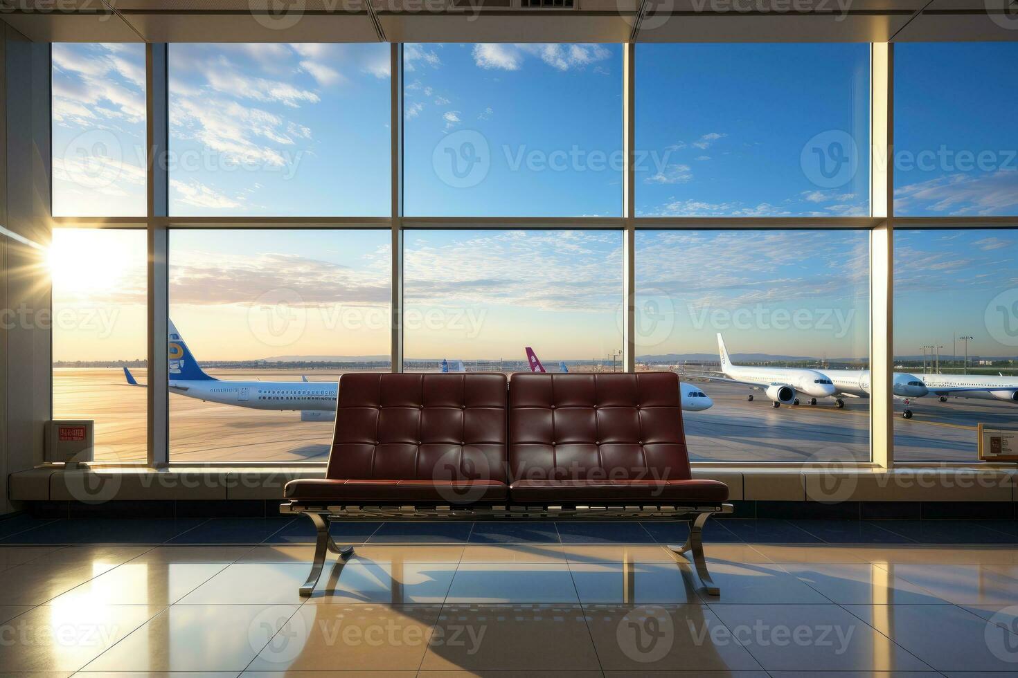 warten Zimmer beim das Flughafen mit das groß Fenster ai generiert foto