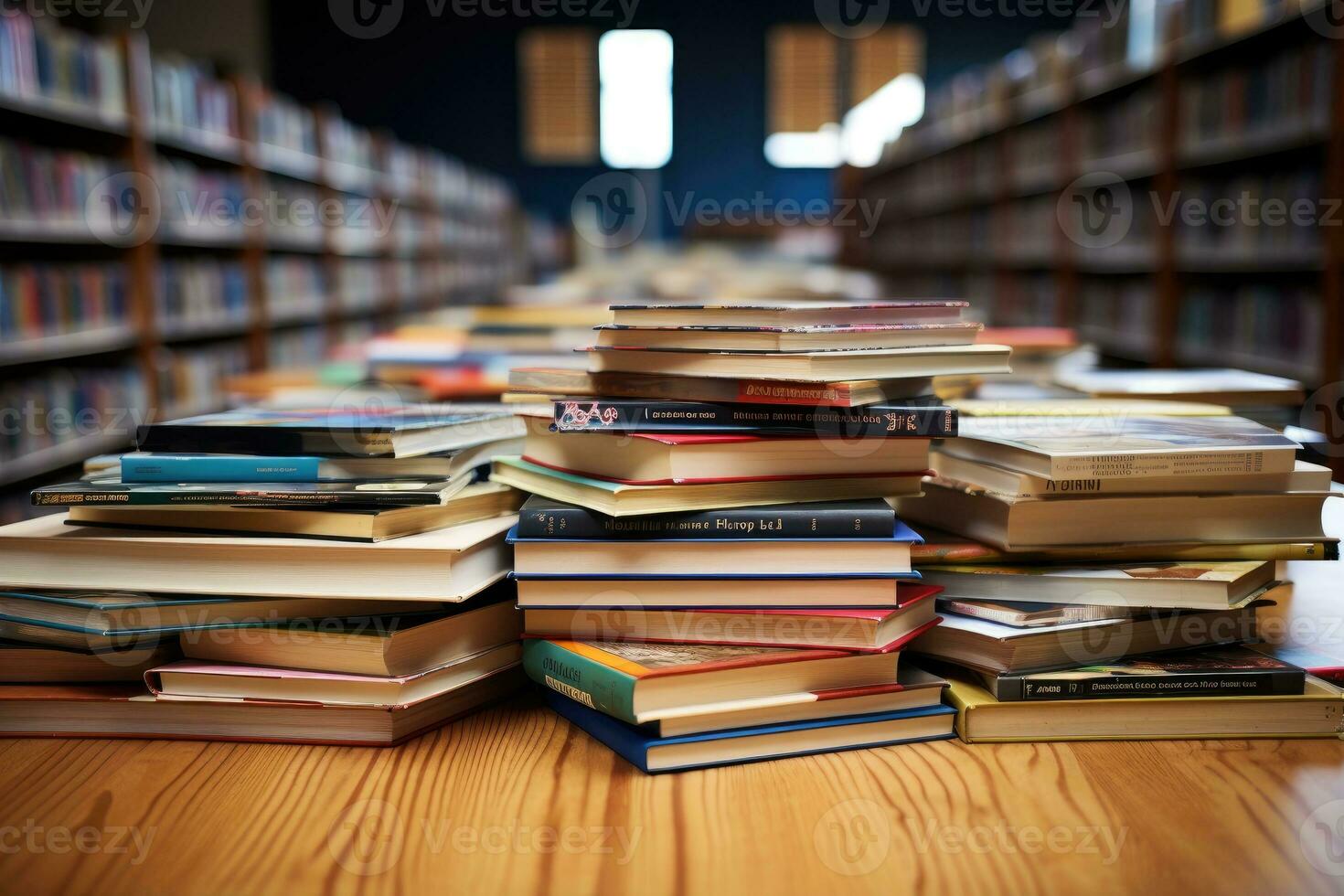 Stapel von Buch auf das oben Tabelle im Bibliothek Fachmann Werbung Fotografie ai generativ foto