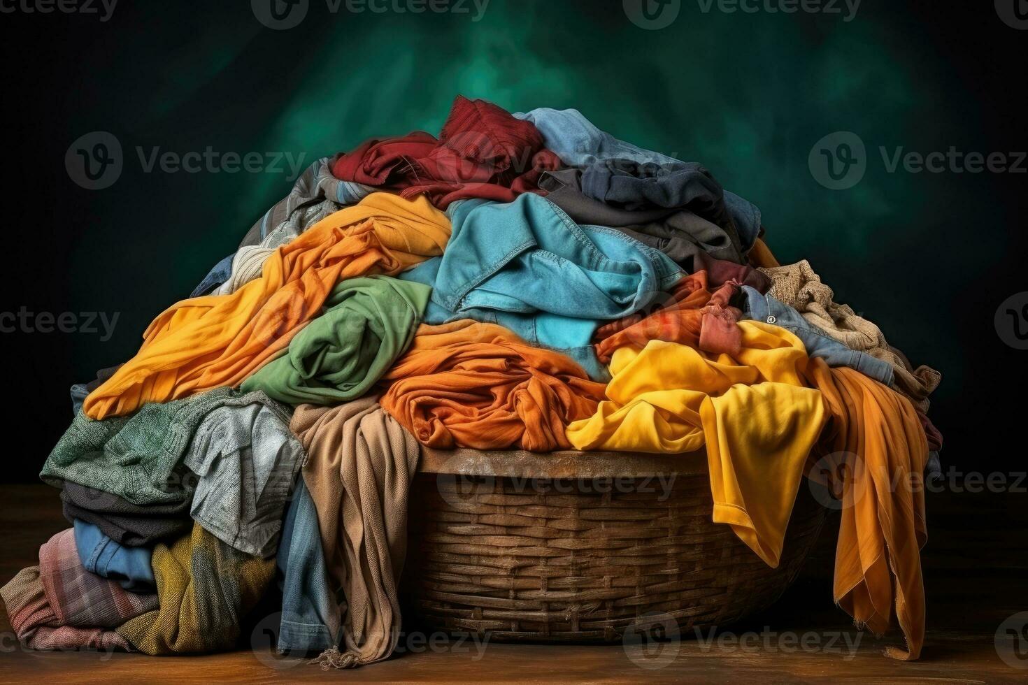 Stapel von schmutzig Kleider und Korbweide Korb mit schmutzig Wäsche Fachmann Werbung Fotografie ai generativ foto