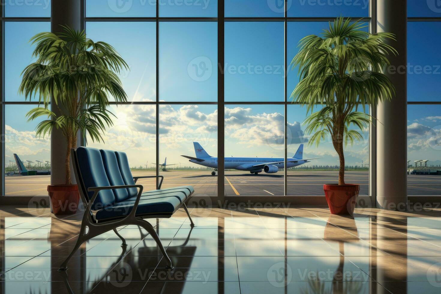 warten Zimmer beim das Flughafen mit das groß Fenster ai generiert foto