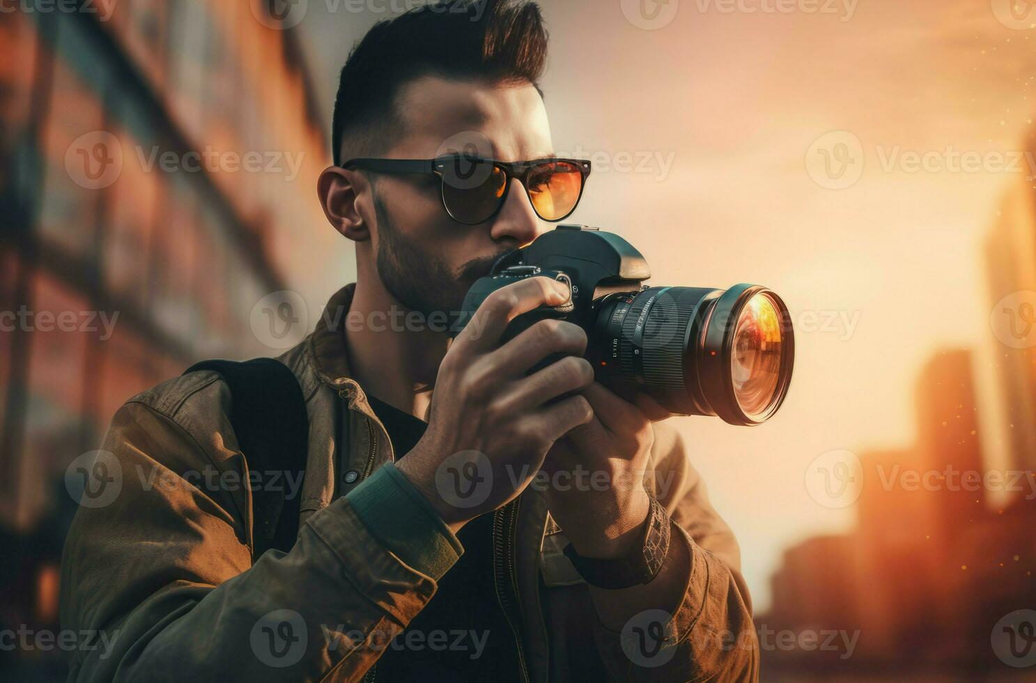 Mann halten Kamera sonnig Tag Straße Foto. generieren ai foto