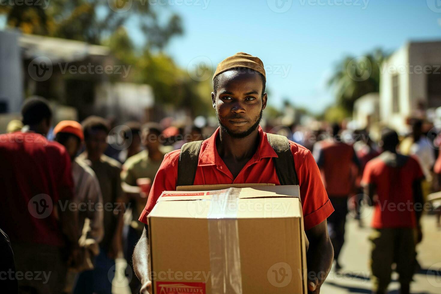 Porträt von ein Mann Freiwillige Tragen ein Box enthält Essen Hilfe zum Katastrophe die Opfer. Wohltätigkeit, humanitär, Gemeinschaft, Zusammenarbeit Konzept. generativ ai foto