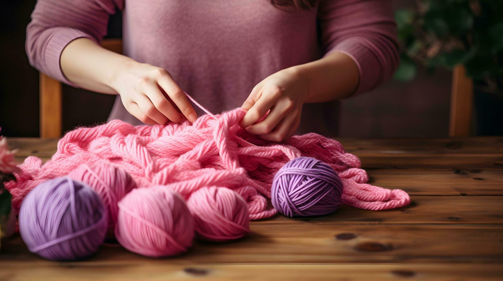 Frau im Rosa Sweatshirt geschickt Stricken mit Rosa Garn auf hölzern Tabelle foto