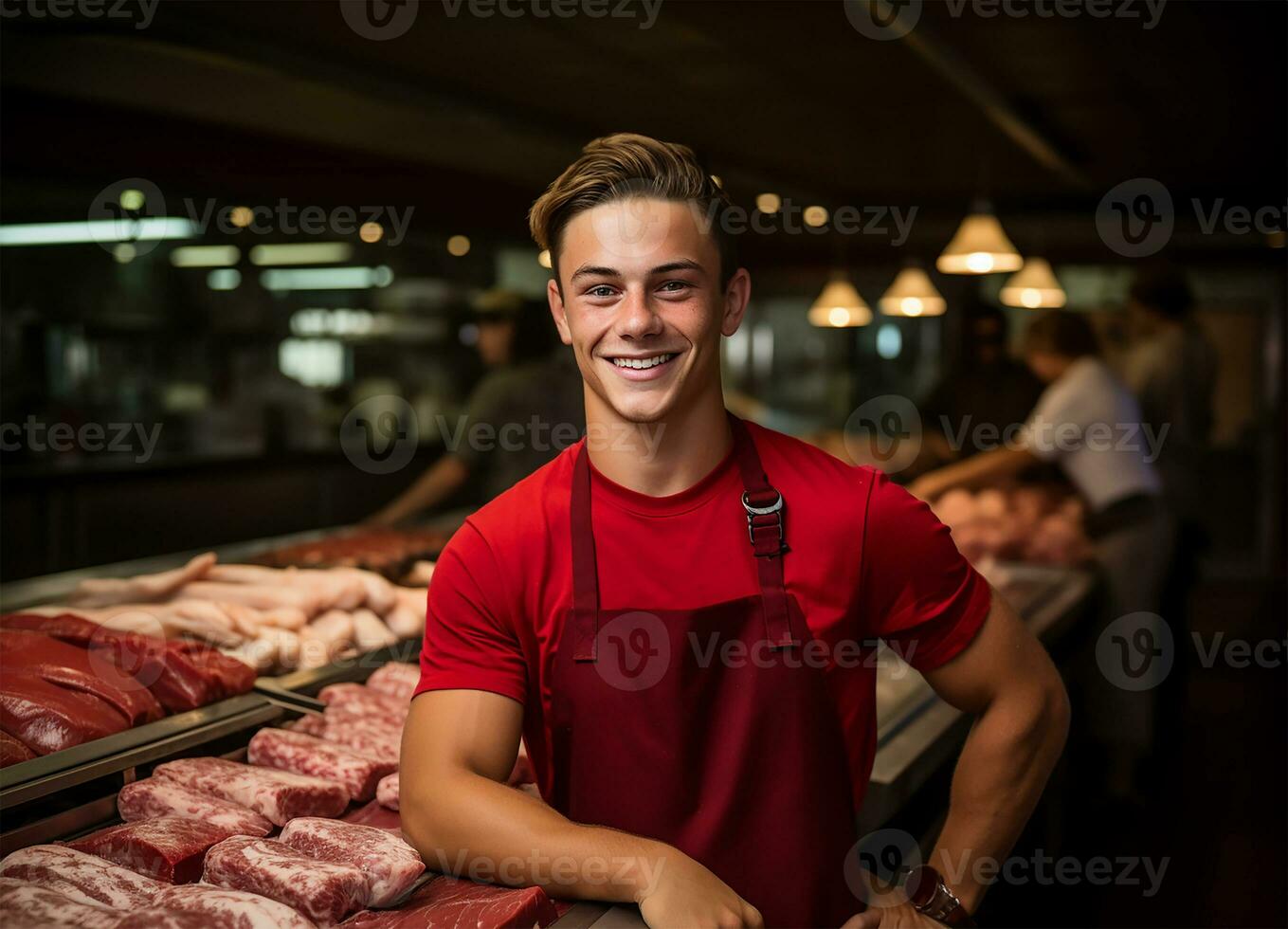 Metzger Geschäft, ein jung Mann steht bereit hinter das Fleisch Schalter, ein Emblem von Widmung zu seine Handwerk. ai generiert foto