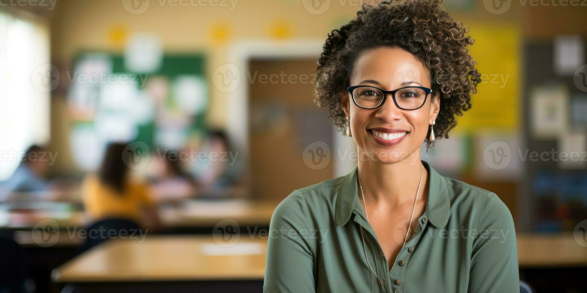 weiblich Lehrer ist Stehen im Klassenzimmer, generativ ai foto