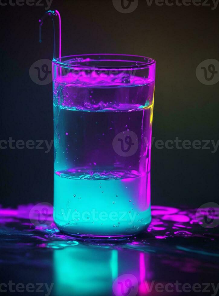 bunt Eis Würfel planschen in ein Glas von Wasser im Neon- Licht foto