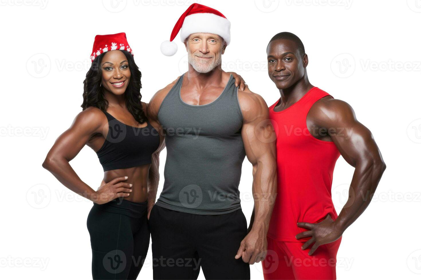 freunde Bodybuilder mit Santa claus Hut auf Weiß Hintergrund. generativ ai foto