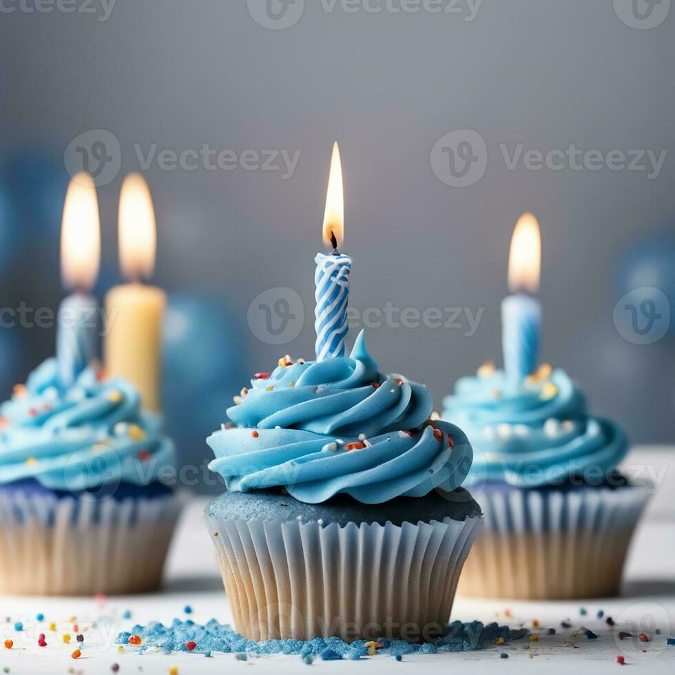ai generativ Geburtstag Cupcakes mit Kerzen foto
