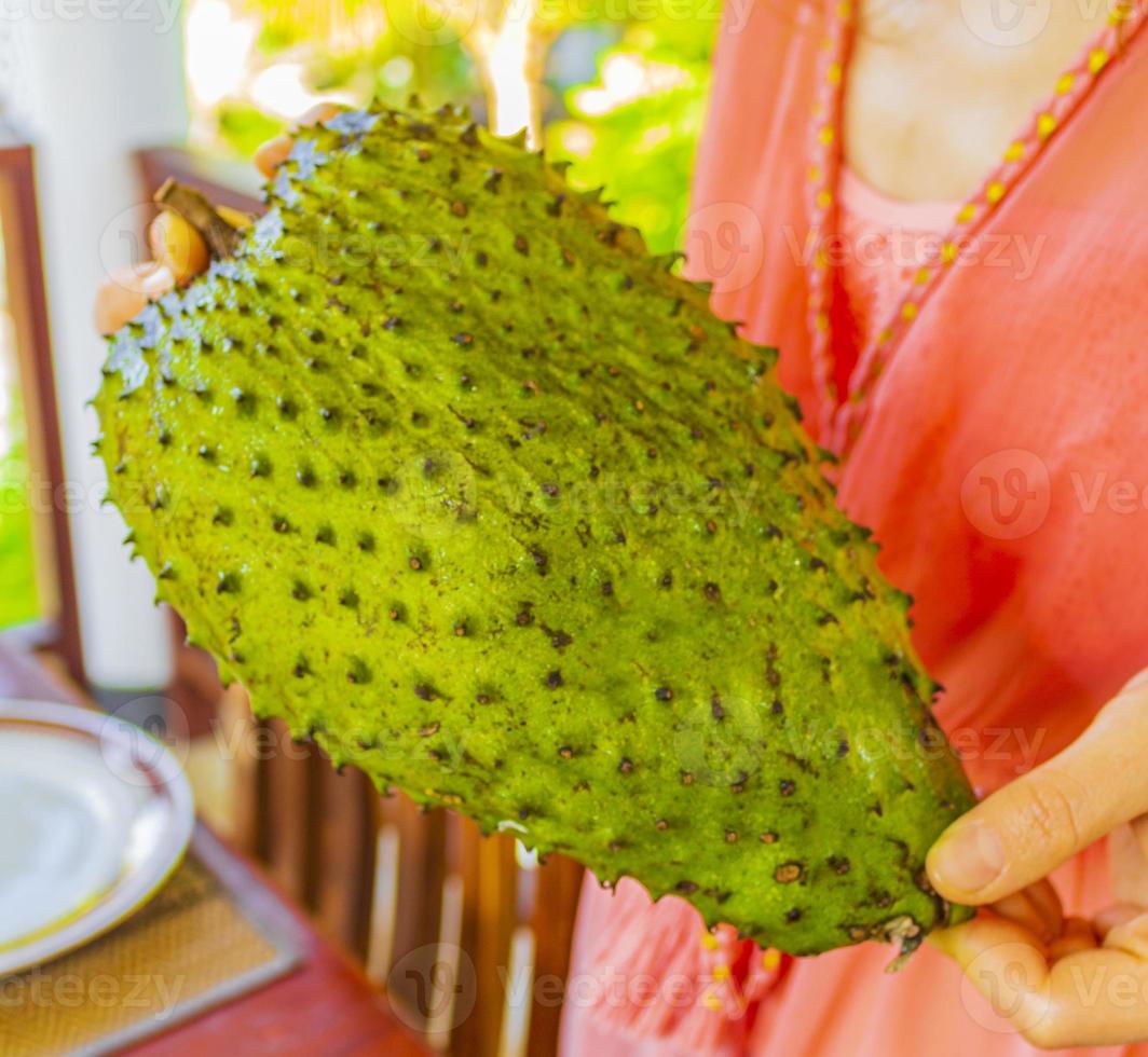 Frau hält präsentiert Soursop Sauersack tropische Früchte in Sri Lanka. foto