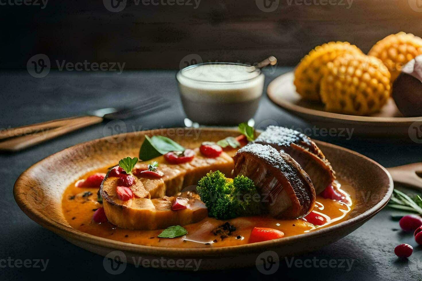 ein Teller von Essen mit Fleisch und Gemüse. KI-generiert foto