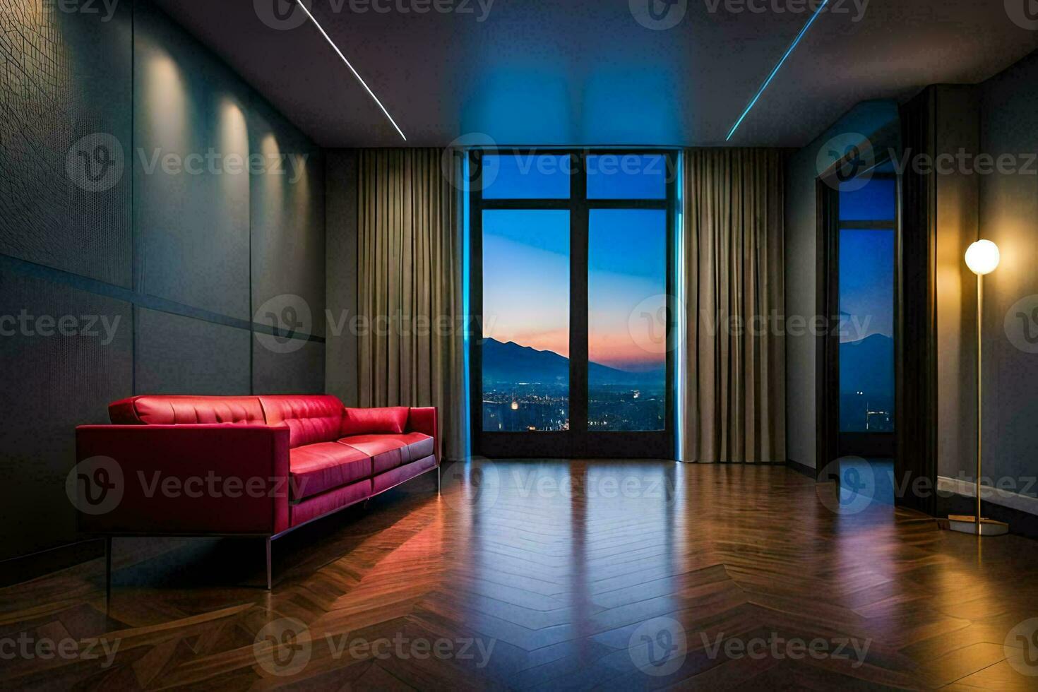 ein Leben Zimmer mit ein rot Couch und ein Aussicht von das Stadt. KI-generiert foto