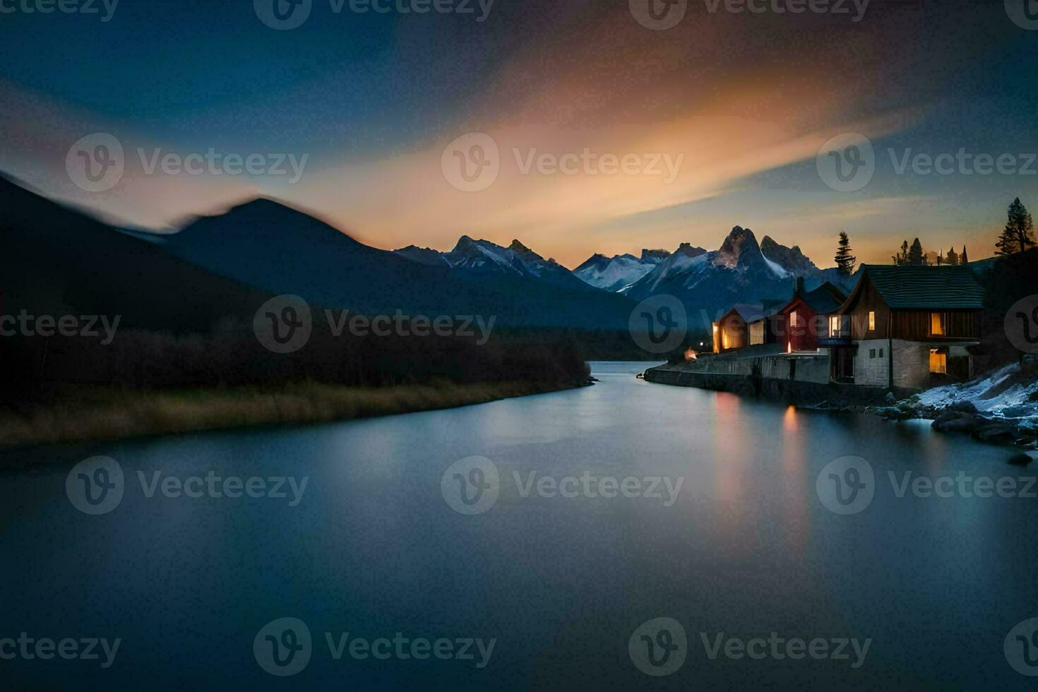 ein Fluss läuft durch ein Stadt, Dorf beim Sonnenuntergang. KI-generiert foto