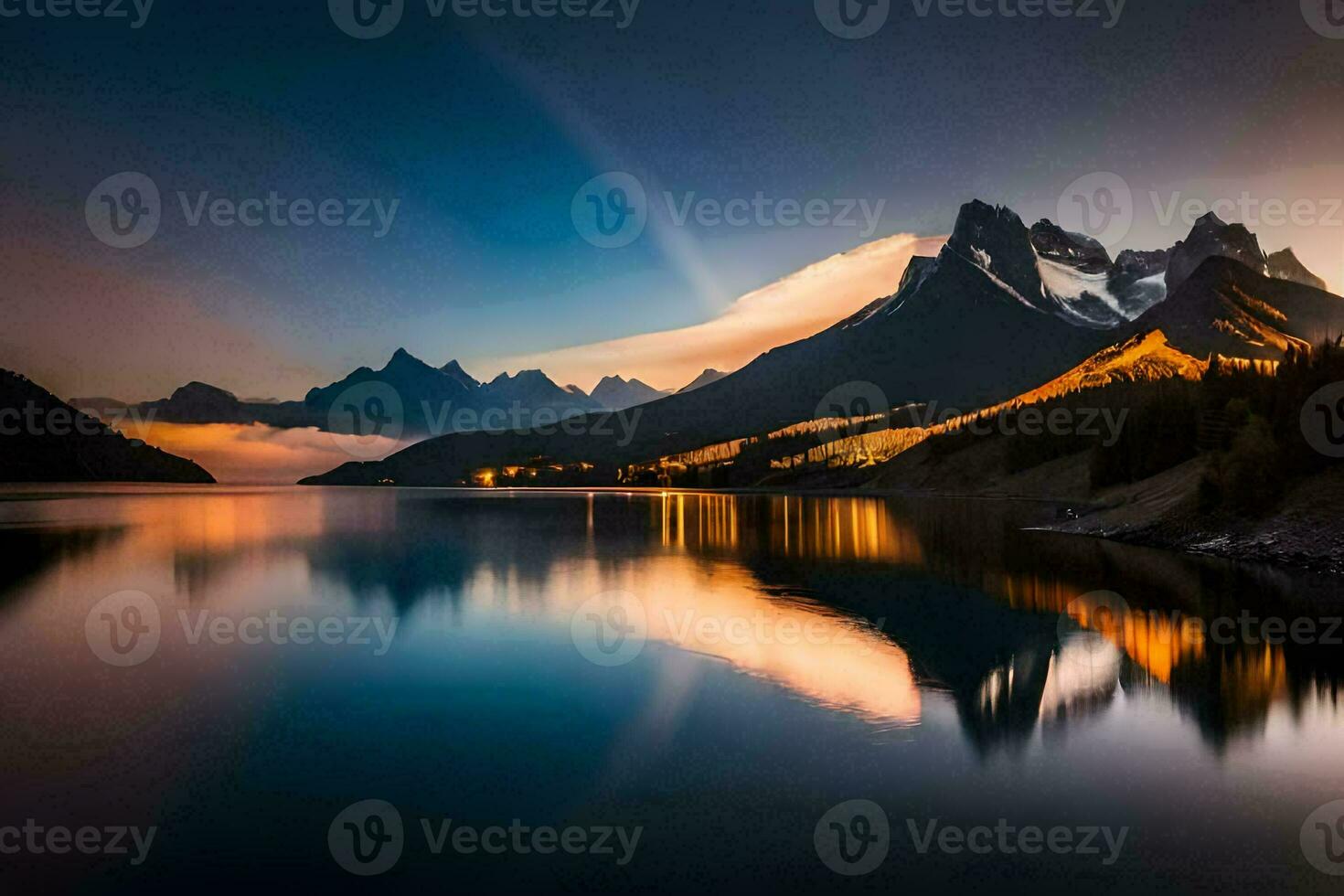 das Berge sind reflektiert im das Wasser beim Sonnenuntergang. KI-generiert foto