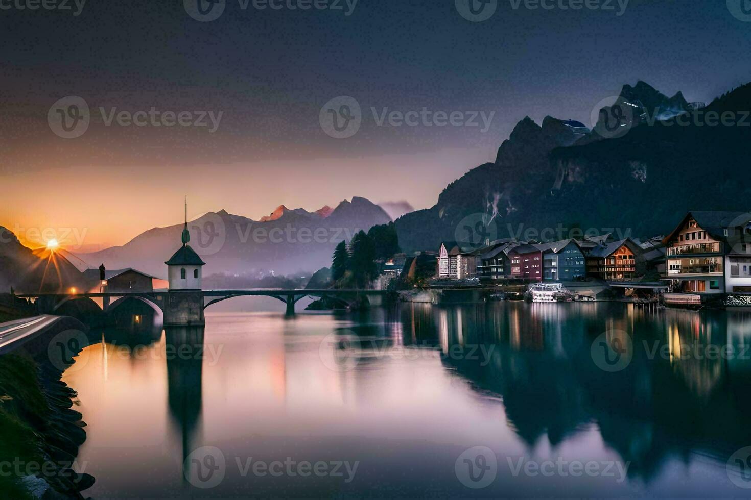 das Sonne setzt Über ein Fluss und Berge im Schweiz. KI-generiert foto