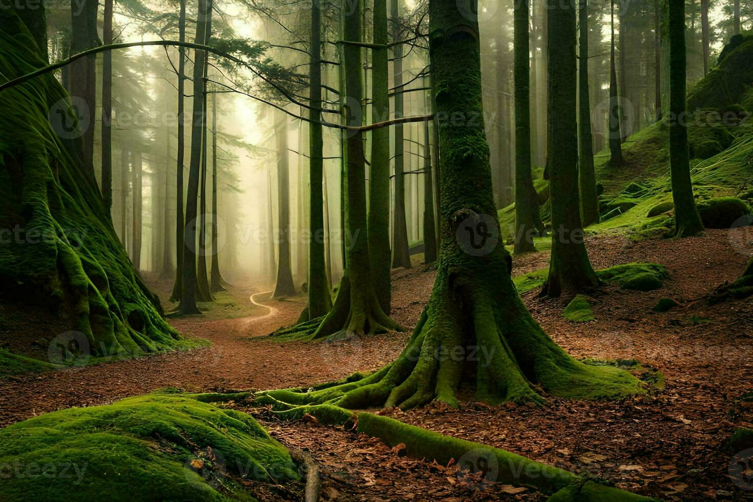 ein Pfad durch ein Wald mit moosig Bäume. KI-generiert foto