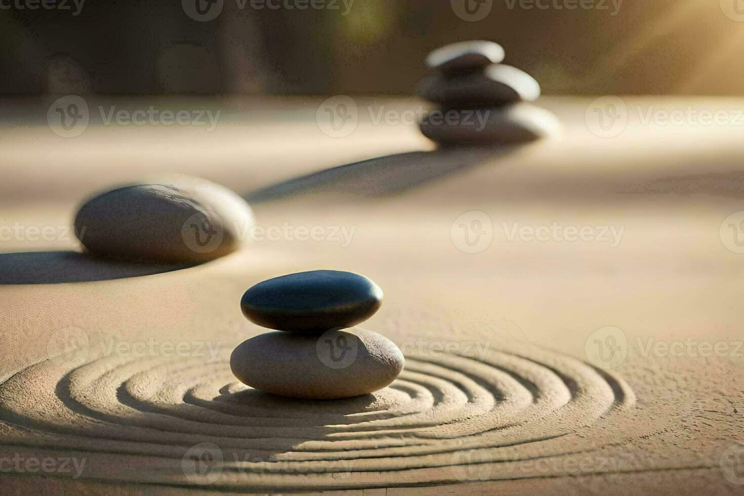 ein Zen Garten mit Steine und ein Felsen. KI-generiert foto