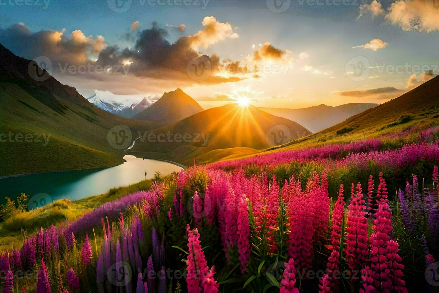 das Sonne steigt an Über das Berge und das Blumen blühen im das Schlucht. KI-generiert foto