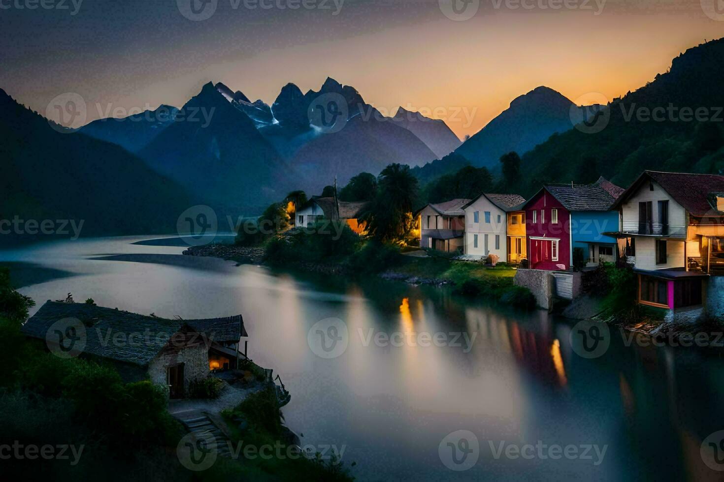 Foto Hintergrund das Himmel, Berge, Fluss, Häuser, das Nacht, das Berge, das Fluss. KI-generiert