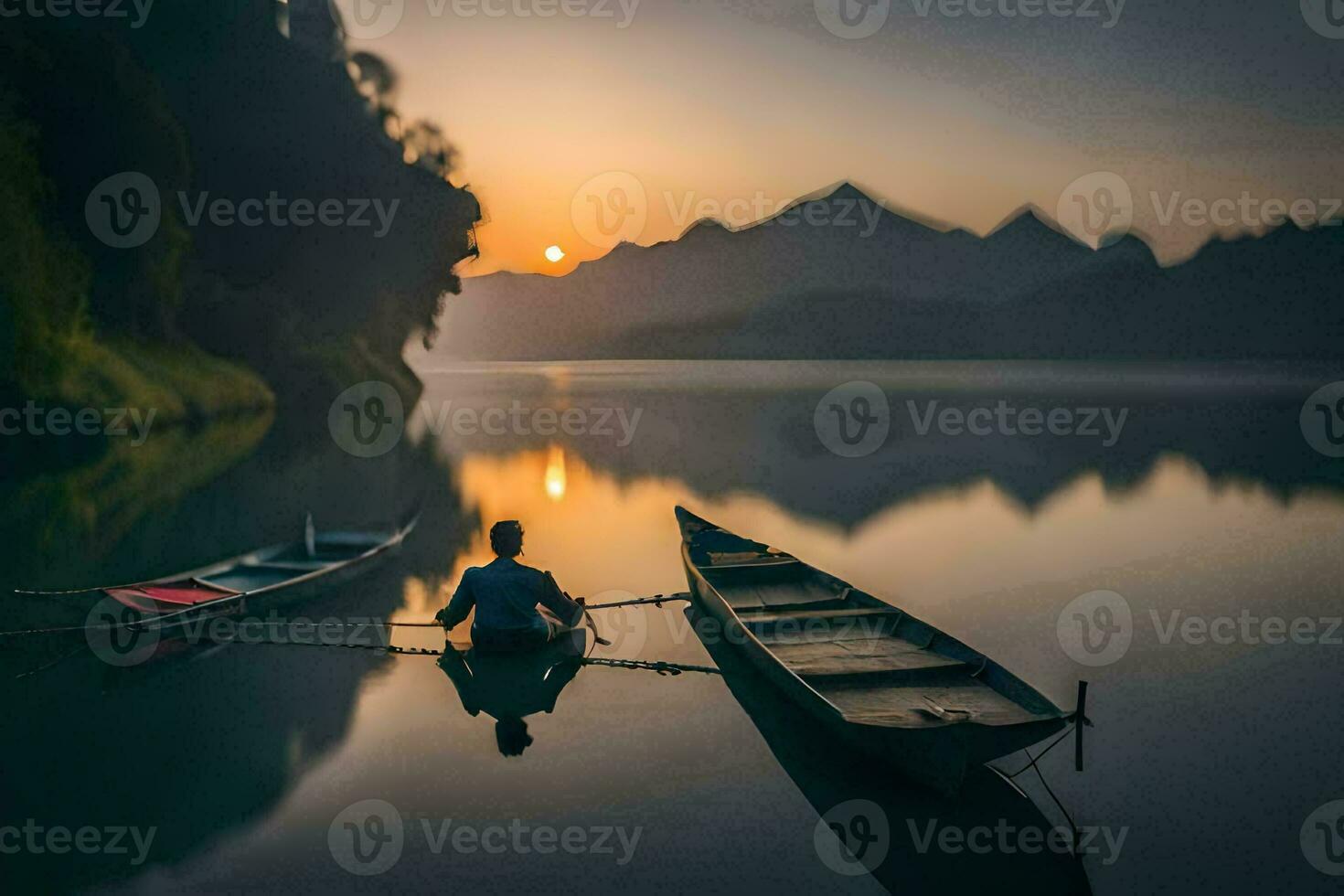 ein Mann sitzt im ein Boot auf ein See beim Sonnenuntergang. KI-generiert foto