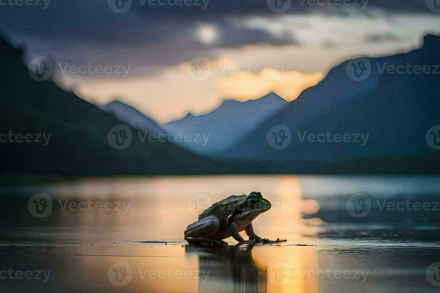 ein Frosch sitzt auf das Ufer von ein See beim Sonnenuntergang. KI-generiert foto