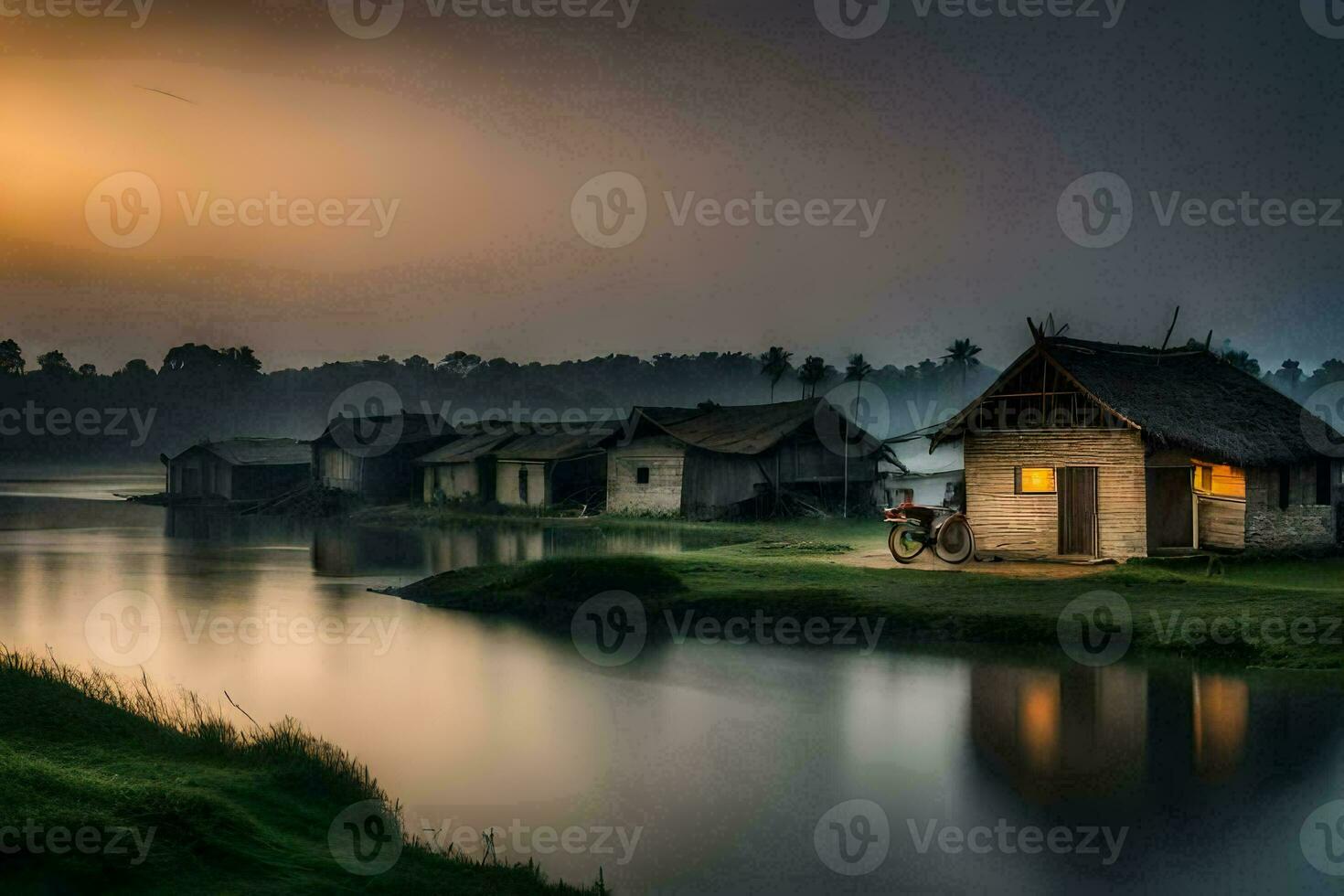 ein klein Dorf im das Mitte von ein See. KI-generiert foto
