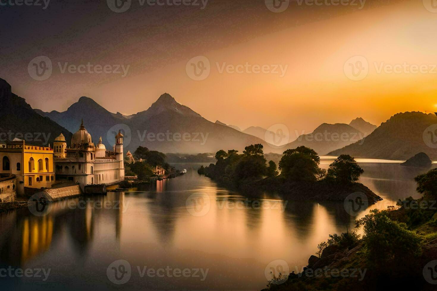 das Sonne setzt Über ein See und ein Berg Bereich. KI-generiert foto