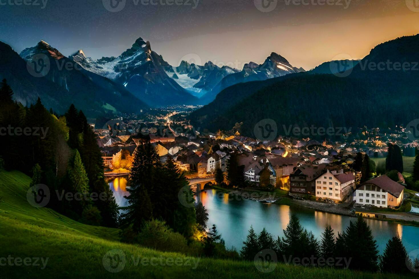 das Stadt, Dorf von Schweiz beim Dämmerung. KI-generiert foto