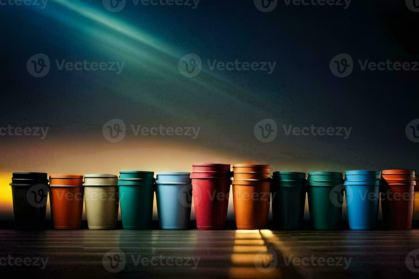 ein Reihe von bunt Tassen auf ein dunkel Hintergrund. KI-generiert foto
