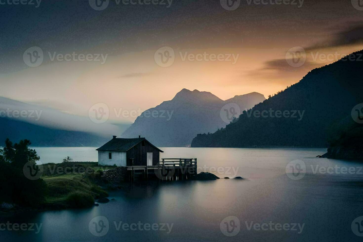 ein klein Kabine sitzt auf das Ufer von ein See. KI-generiert foto