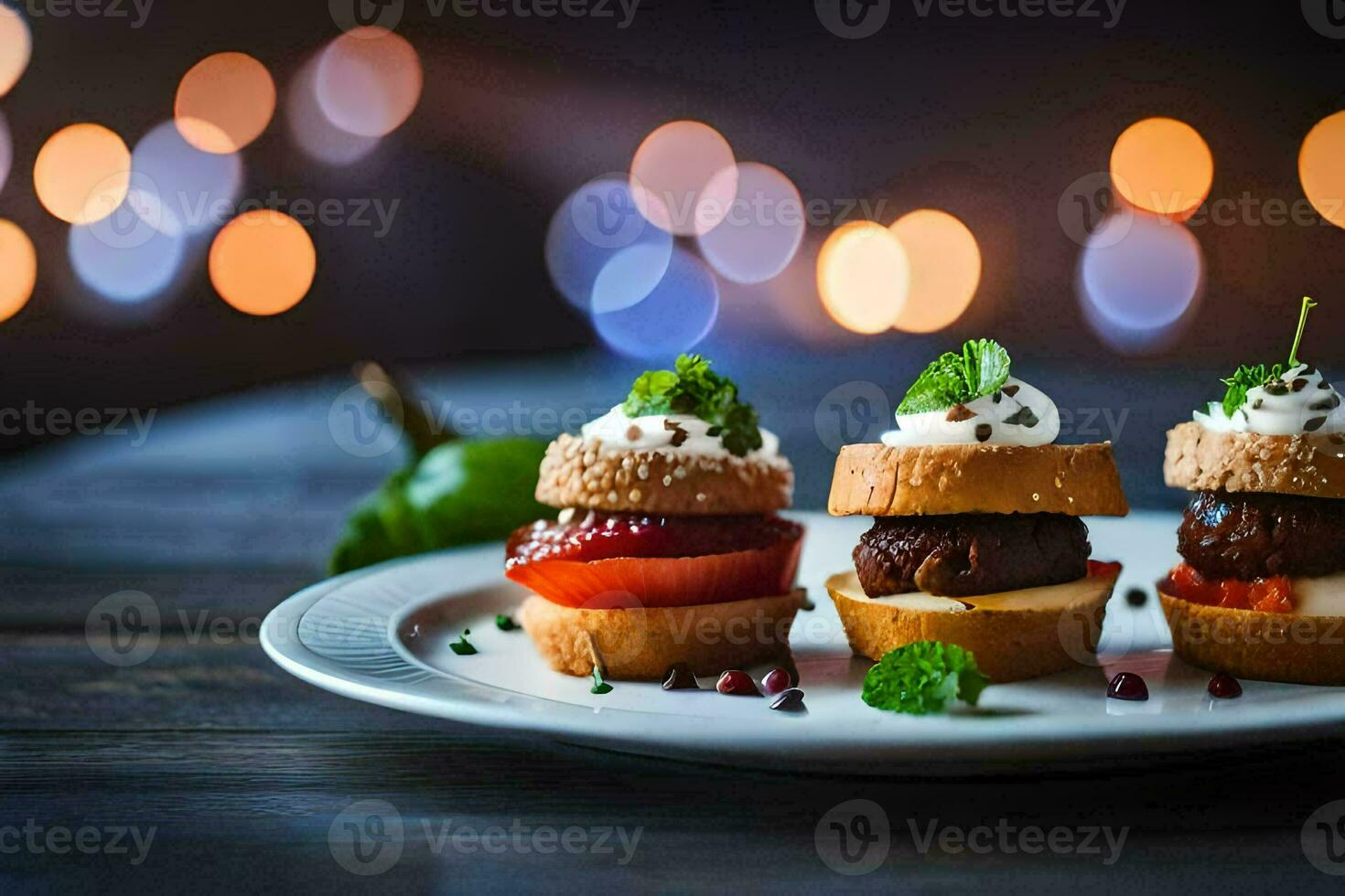 klein Sandwiches auf ein Teller mit Beleuchtung im das Hintergrund. KI-generiert foto