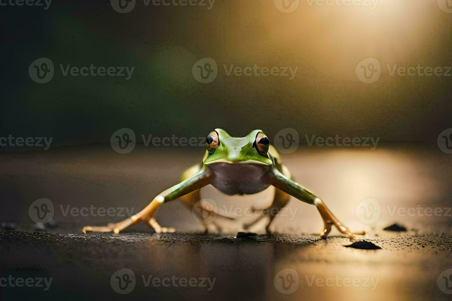 ein Frosch ist Stehen auf das Boden mit das Sonne leuchtenden im das Hintergrund. KI-generiert foto