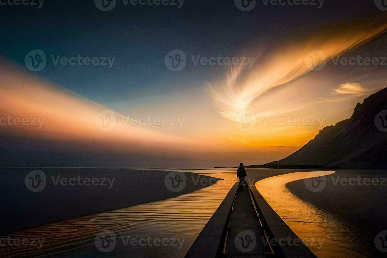 ein Mann steht auf ein Seebrücke suchen beim das Sonnenuntergang. KI-generiert foto