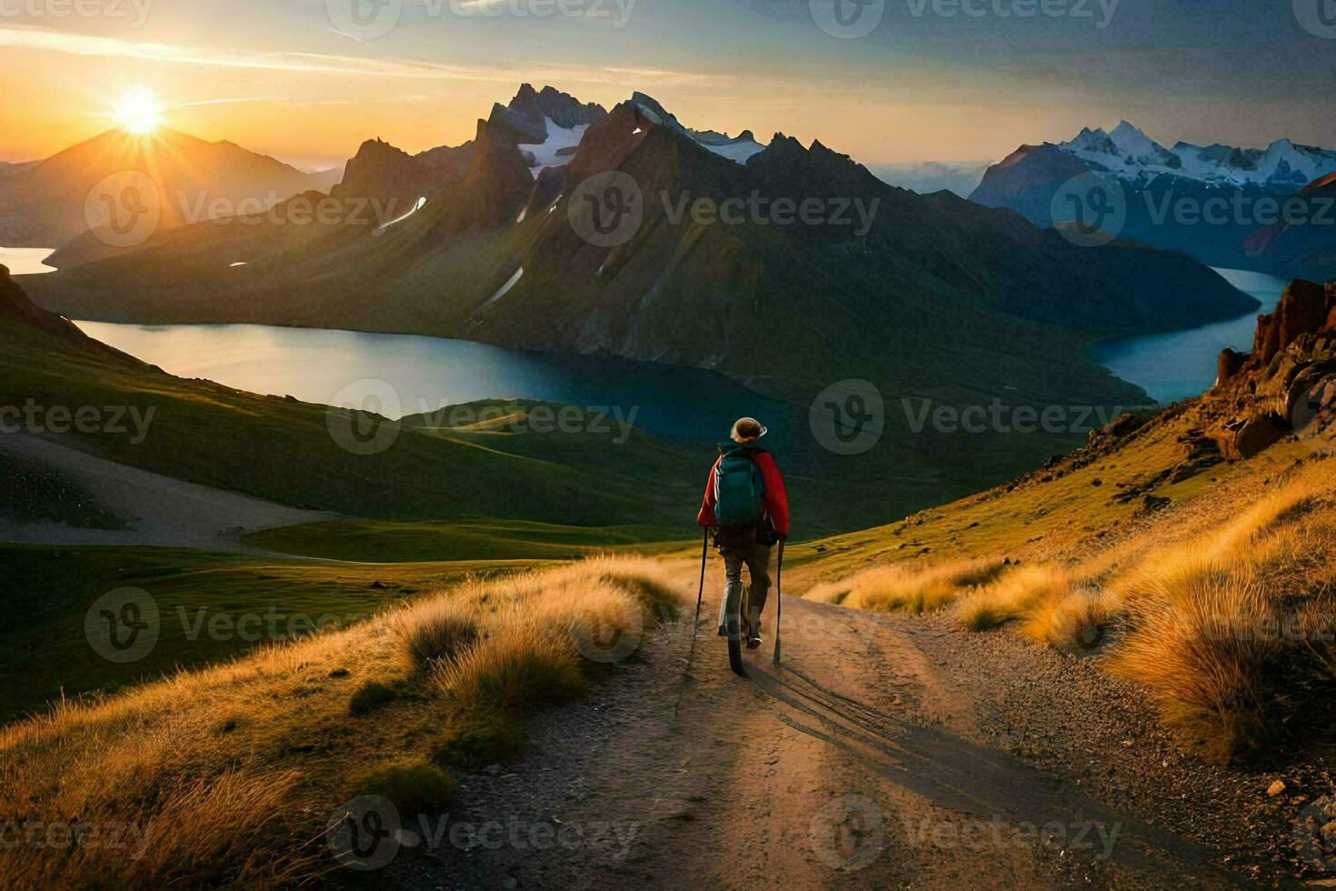 ein Mann Spaziergänge auf ein Pfad im das Berge. KI-generiert foto