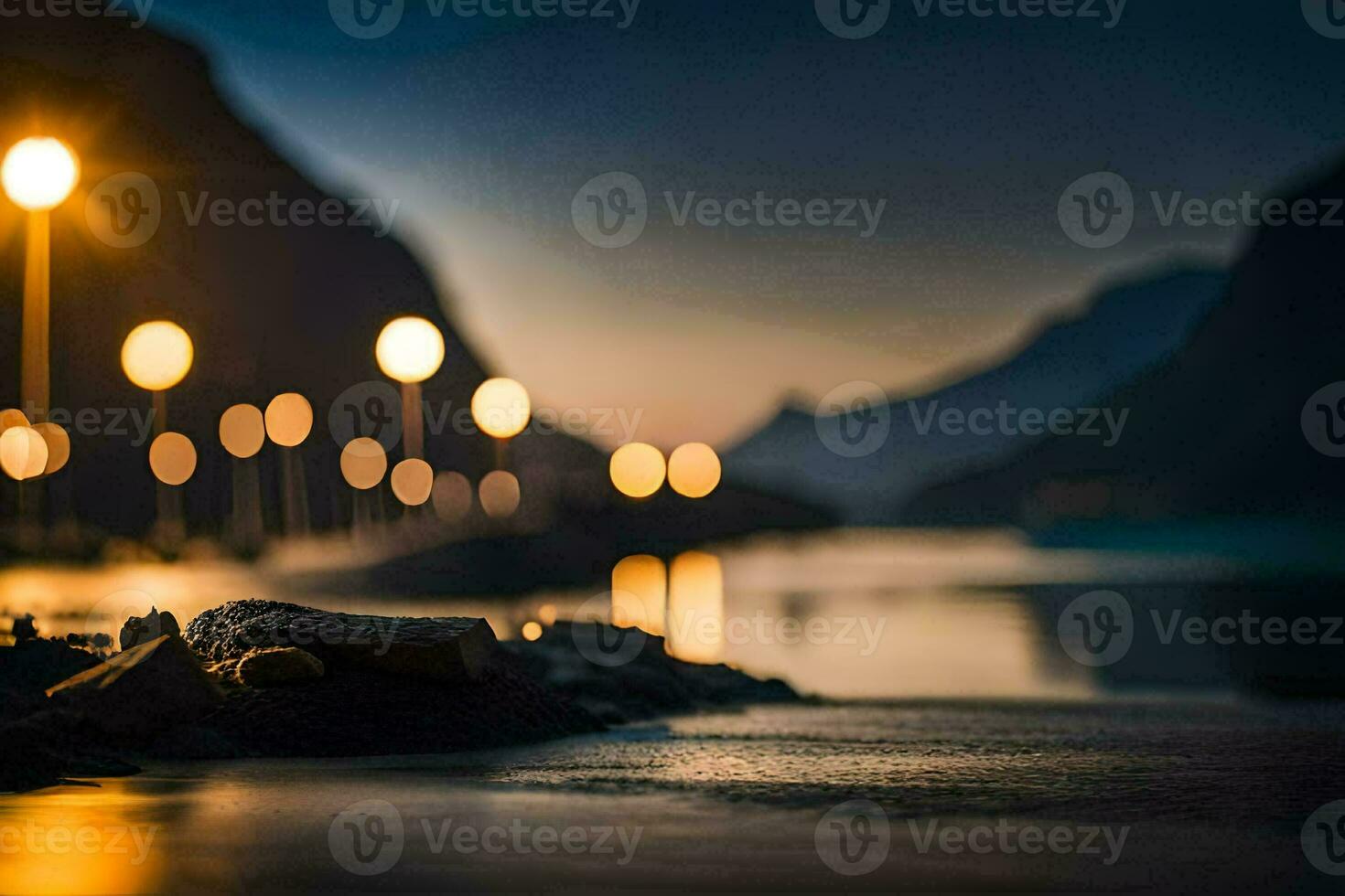 ein Straße Licht ist leuchtenden auf das Wasser beim Nacht. KI-generiert foto