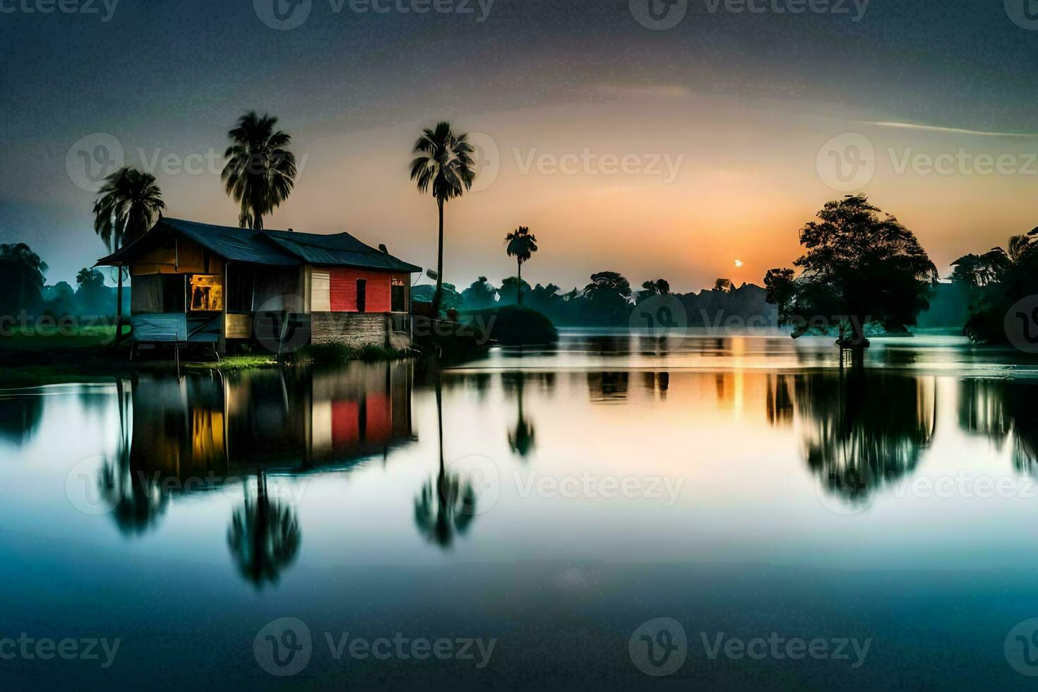 ein Haus auf das Wasser mit Palme Bäume im das Hintergrund. KI-generiert foto