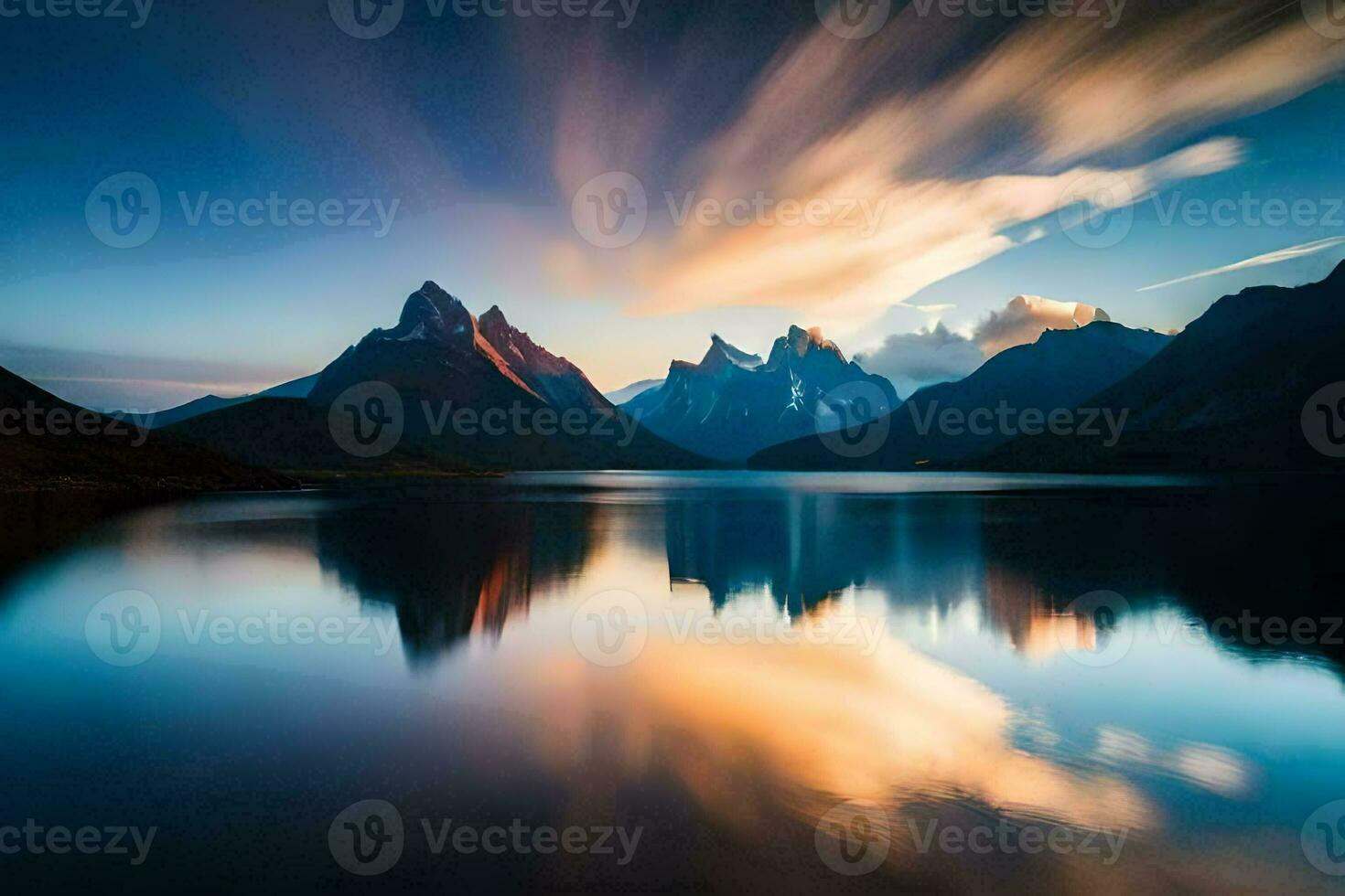 das Berge sind reflektiert im das Wasser beim Sonnenuntergang. KI-generiert foto