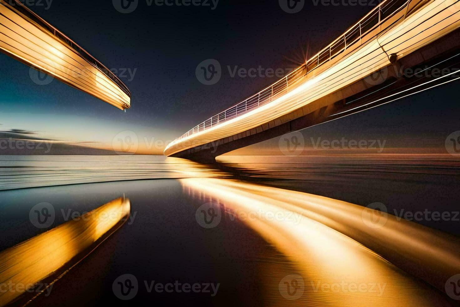 ein Brücke Über das Ozean beim Nacht mit lange Belichtung. KI-generiert foto