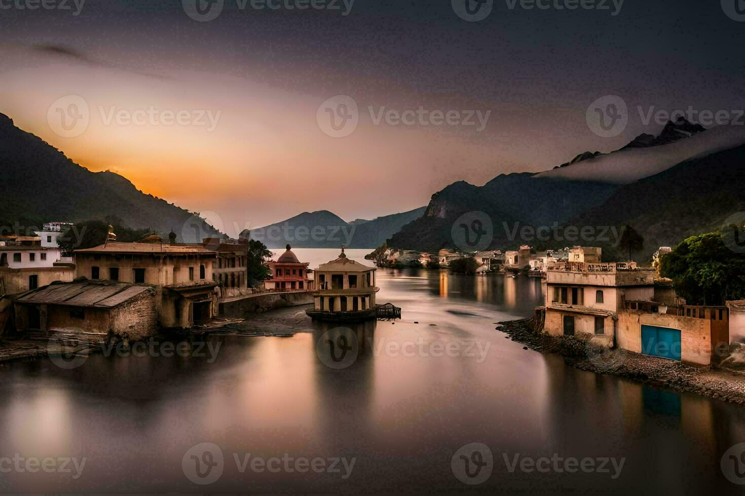 ein Fluss im Indien mit Häuser und Berge im das Hintergrund. KI-generiert foto