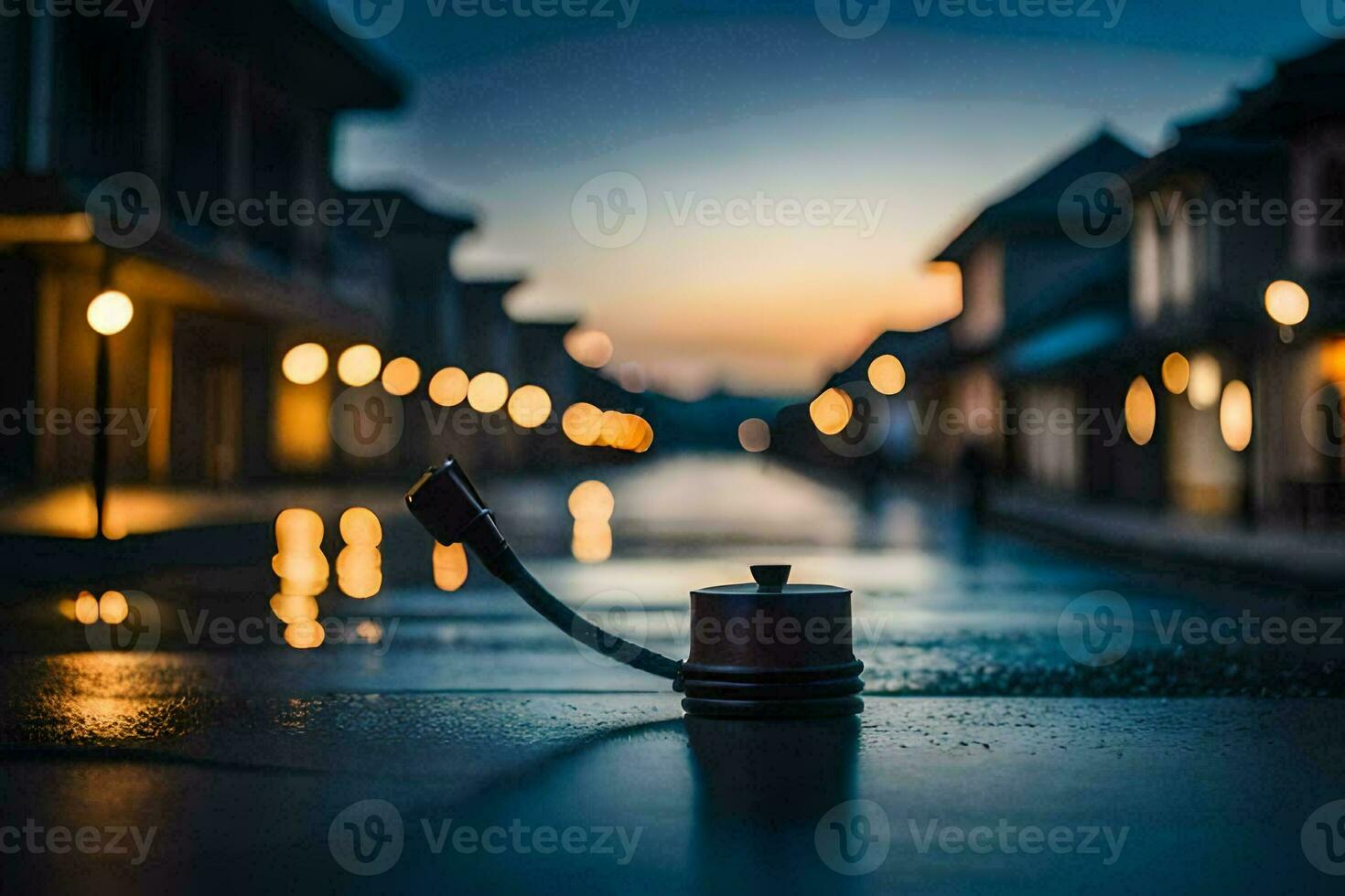 ein Kaffee Topf Sitzung auf das Straße beim Nacht. KI-generiert foto