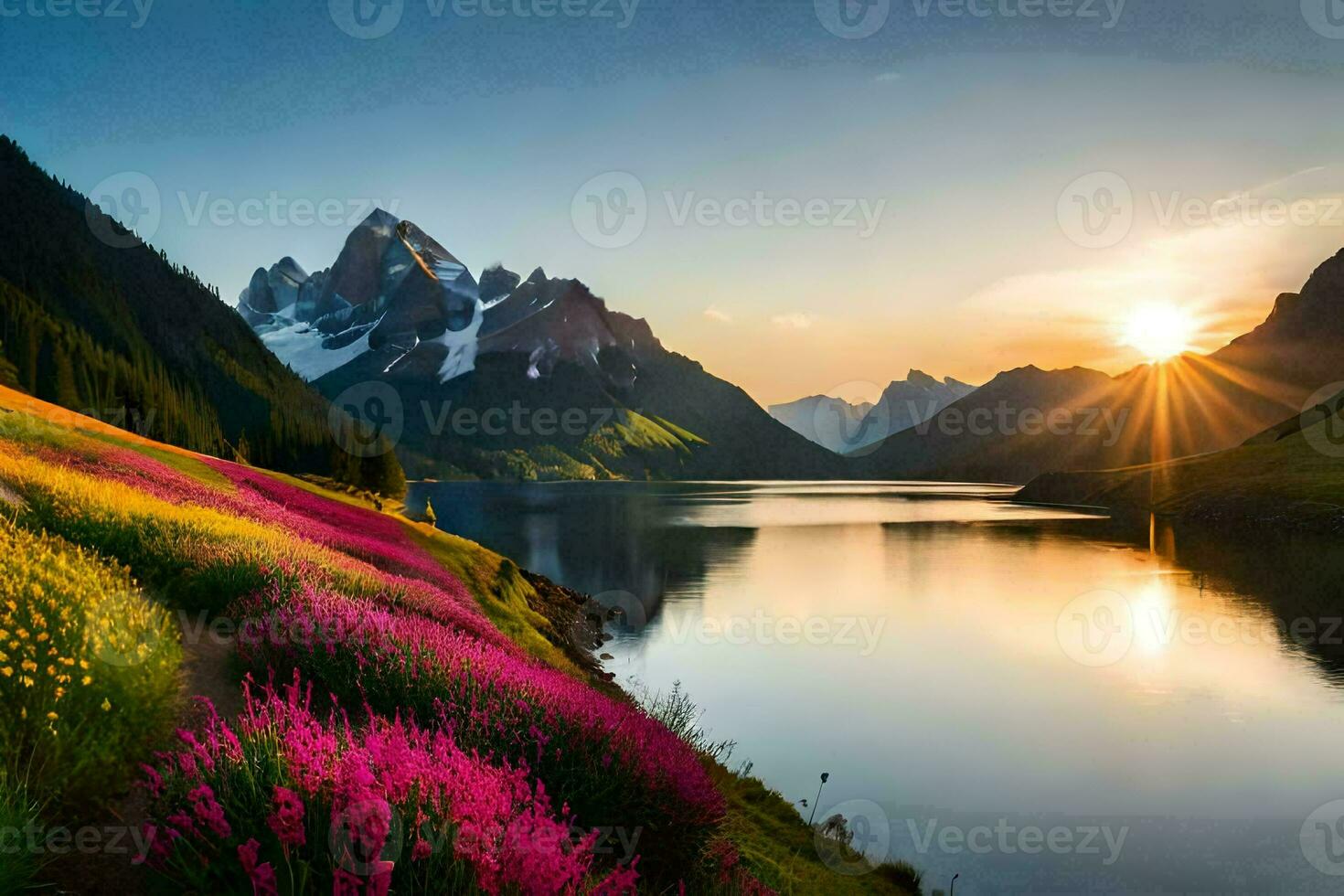 das Sonne steigt an Über ein See und Blumen im das Vordergrund. KI-generiert foto