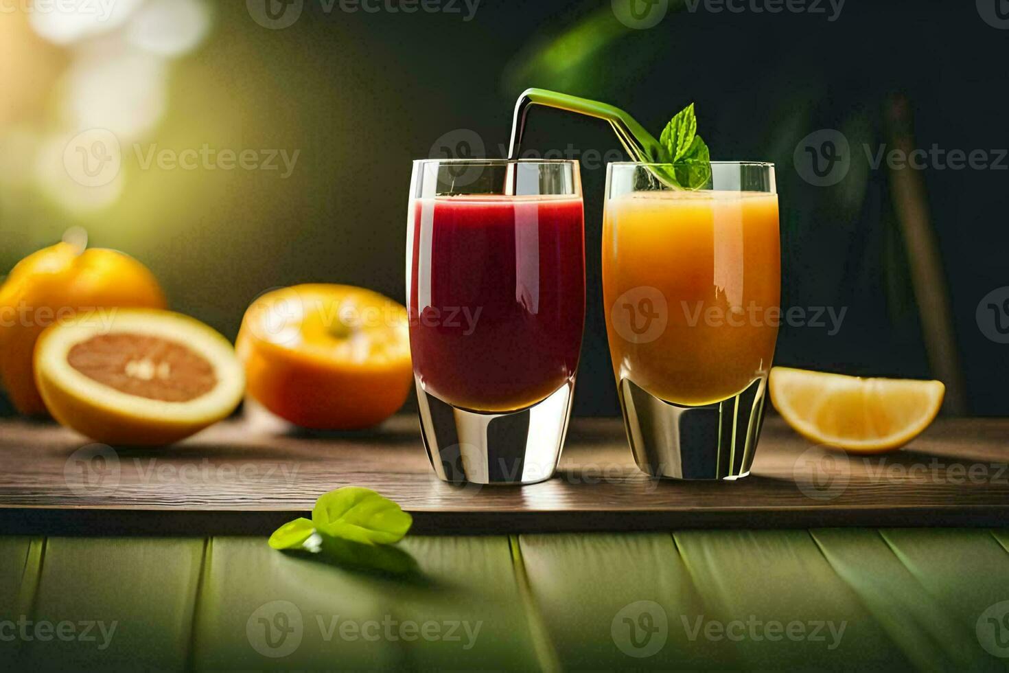 zwei Brille von Saft mit Orangen und Zitronen. KI-generiert foto