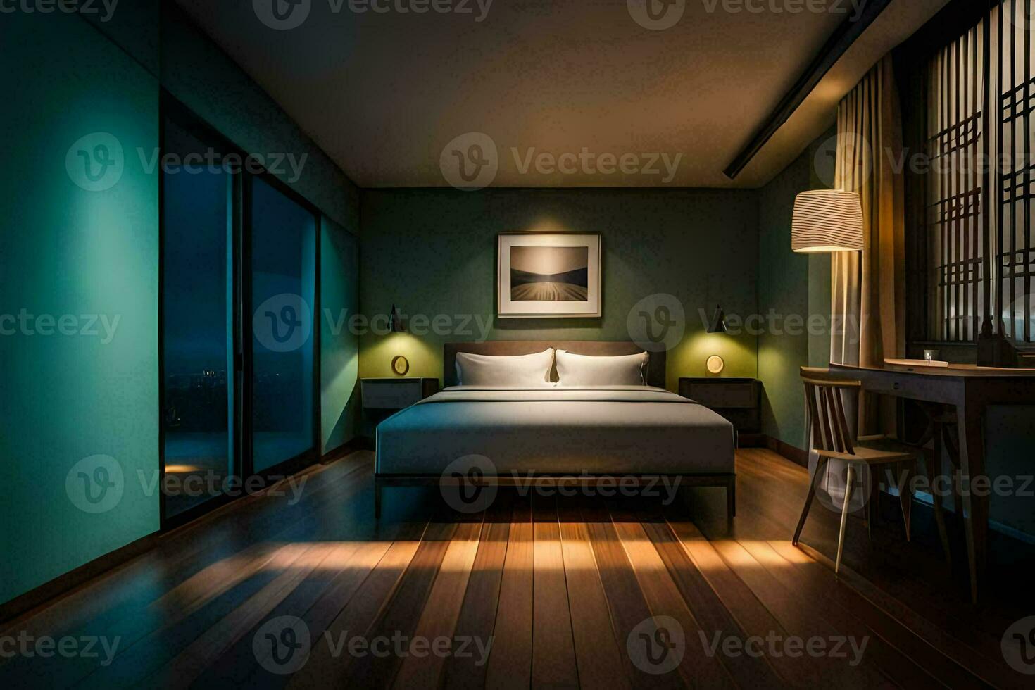 ein Schlafzimmer mit ein Bett und hölzern Bodenbelag. KI-generiert foto