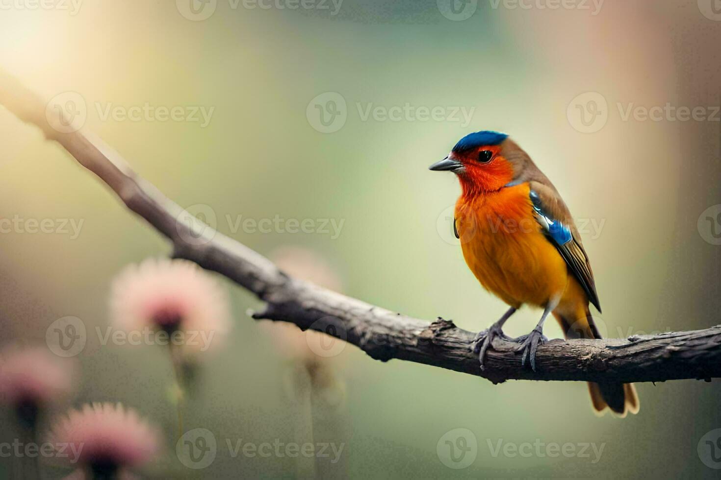 ein bunt Vogel sitzt auf ein Ast. KI-generiert foto