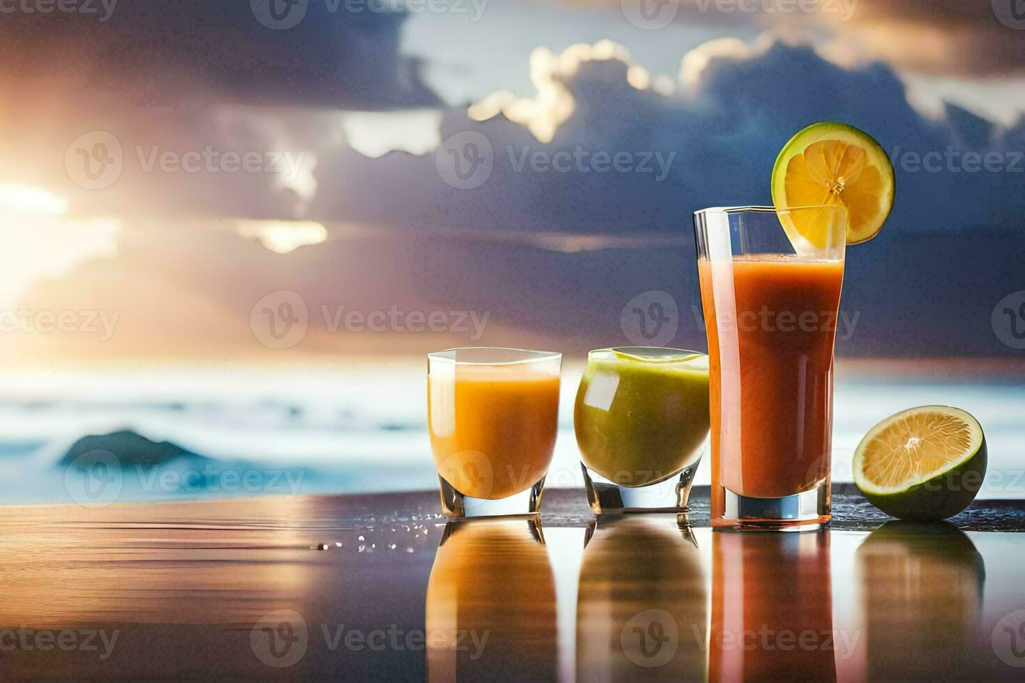 zwei Brille von Saft und ein Scheibe von Orange auf ein Tisch. KI-generiert foto