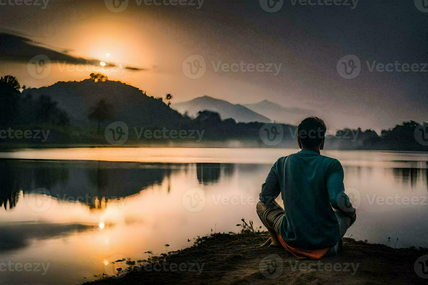 ein Mann meditiert durch das Fluss. KI-generiert foto
