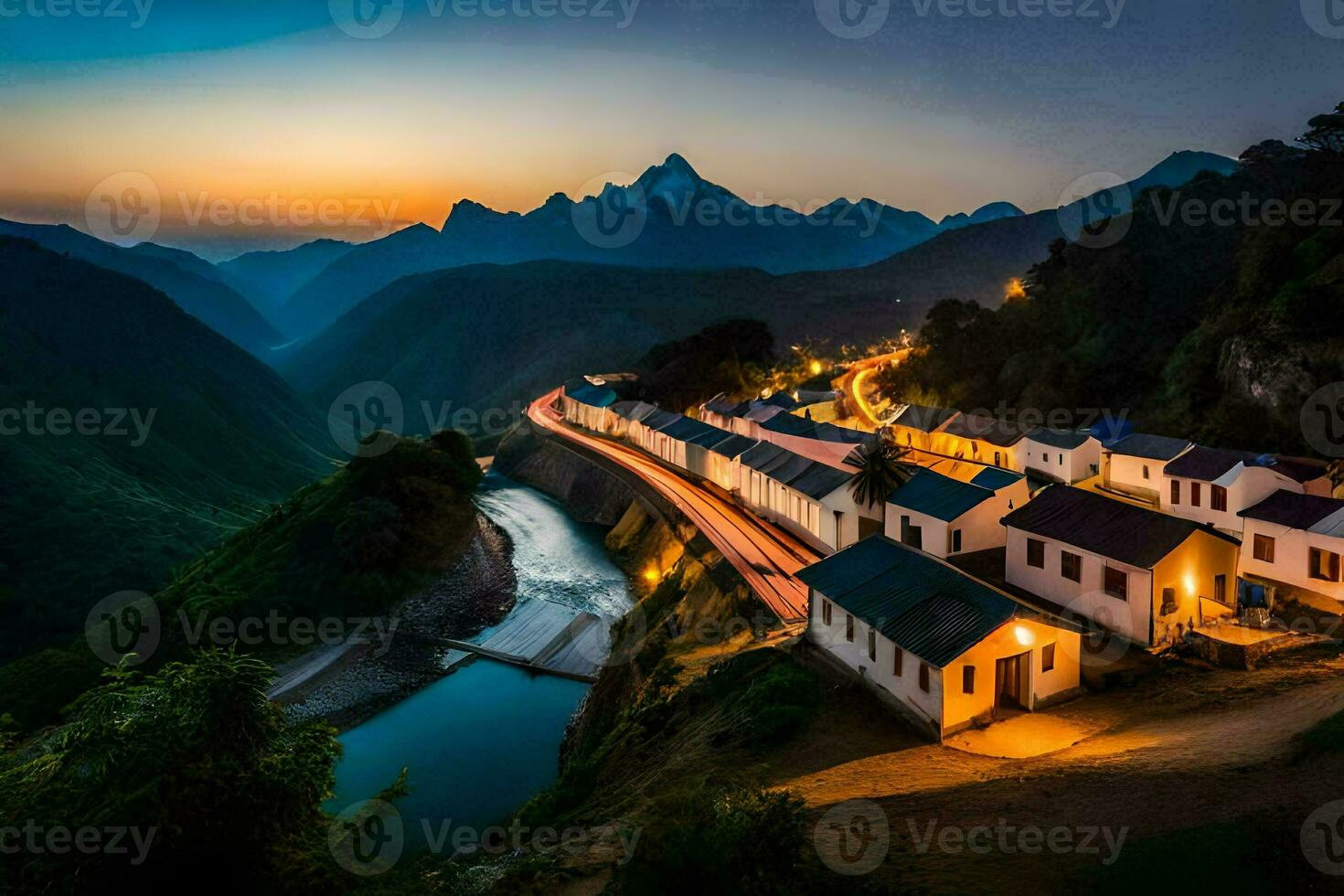 ein Dorf beim Dämmerung mit ein Fluss und Berge im das Hintergrund. KI-generiert foto