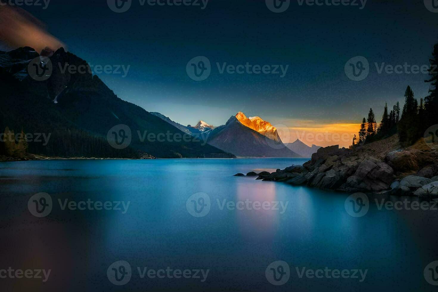 das Berge und See beim Sonnenuntergang. KI-generiert foto